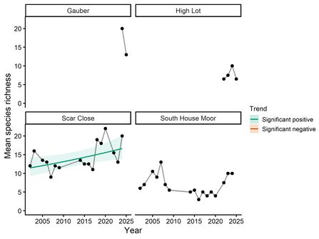 Four part graph showing mean species richness from 2006 to 2025