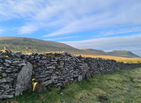 Landscape photograph of a dry stone wall in the Yorkshire Dales against a cloud-streaked blue sky